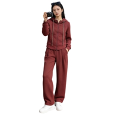 女春新款欧货时尚休闲套装红色连帽开衫上衣宽松软糯直筒长裤套装，女装套装/套裙，2C310