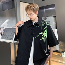 2026夏装潮男新中式印花盘扣短袖五分袖衬衫CS780/特P35黑色，男装衬衫，电商A094