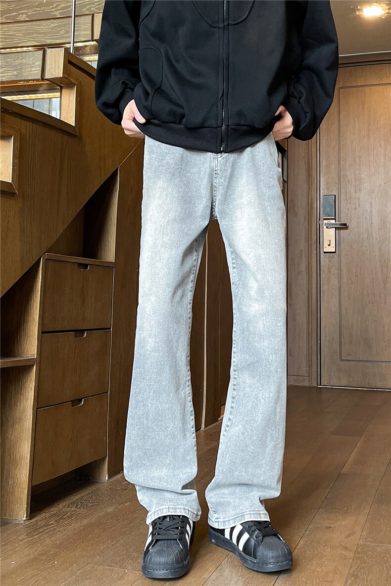春季烟灰色修身弹力牛仔裤男直筒微喇显瘦美式工装休闲裤KZ034P65,男装牛仔裤,电商B312