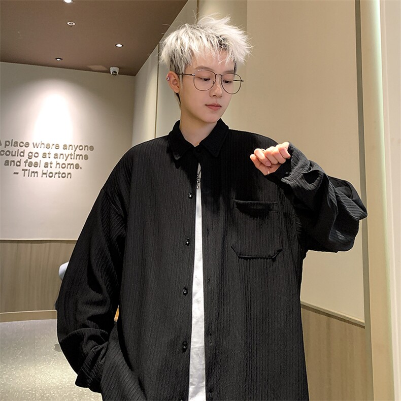 2025秋冬新款细条纹翻领大码衬衫港风男外套 CS1802/特P30 黑色3图片
