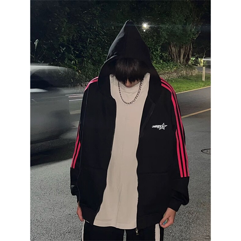 抖音得物25秋冬重磅全棉三条杠织带连帽卫衣开衫外套AW7101,女装短外套,电商A443