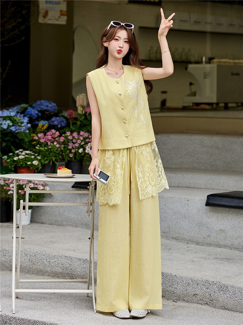 老钱风无袖蕾丝刺绣马甲阔腿裤两件套女2026夏季新款松弛感套装,女装套装/套裙,伊仟回