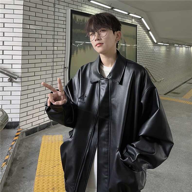 主推港风秋装 中性美式刺绣夹克复古情侣皮衣休闲外套男G1062 P88图片