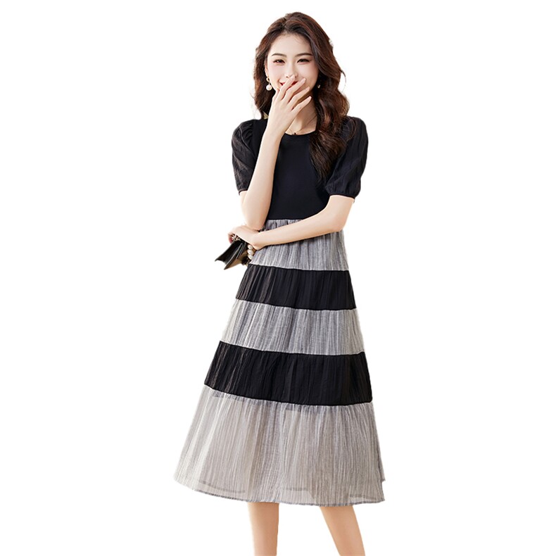 设计感黑白条纹撞色连衣裙女夏季2024新款韩版时尚宽松显瘦裙子,商品下架区,宝儿家