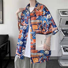 夏季冰丝新款男士宽松港风卡通满印短袖T恤衬衫A071-C33-P38，男装T恤，电商A071