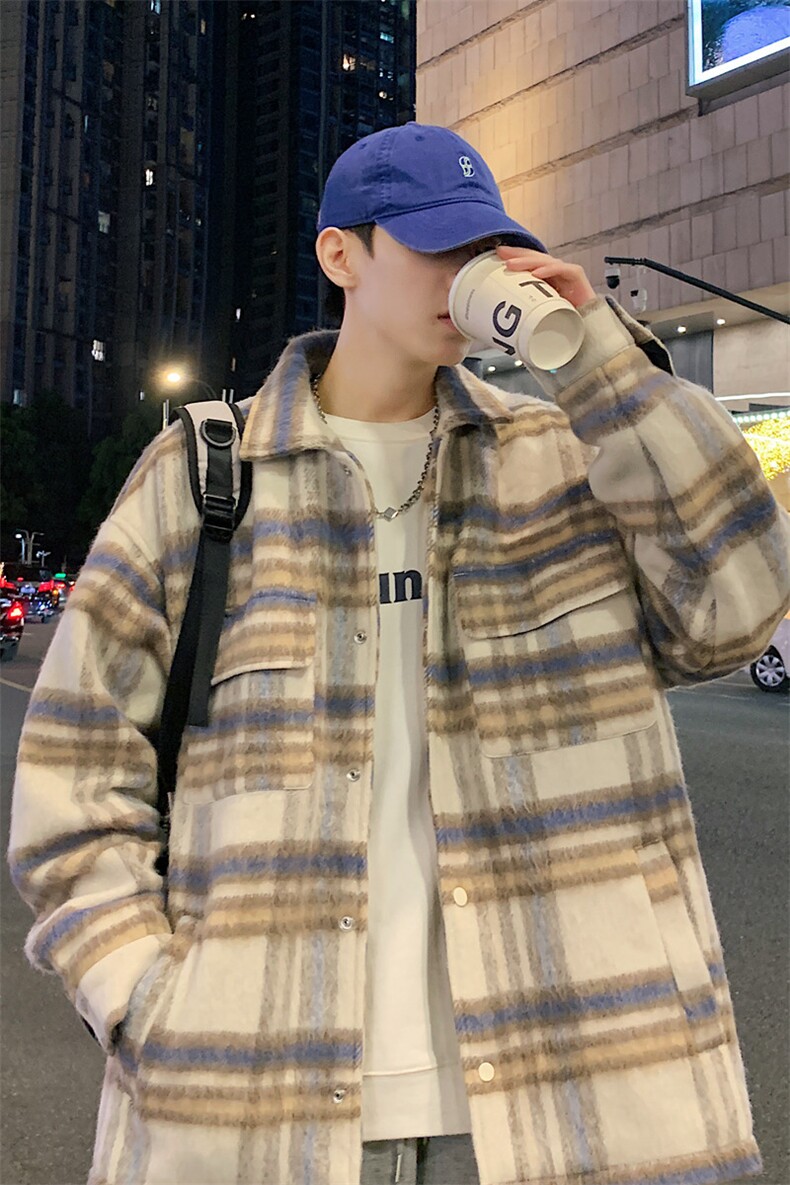 现货港风毛呢夹克男宽松格子呢子大衣外套DSA157B-J236-特P90,男装夹克,电商A157B