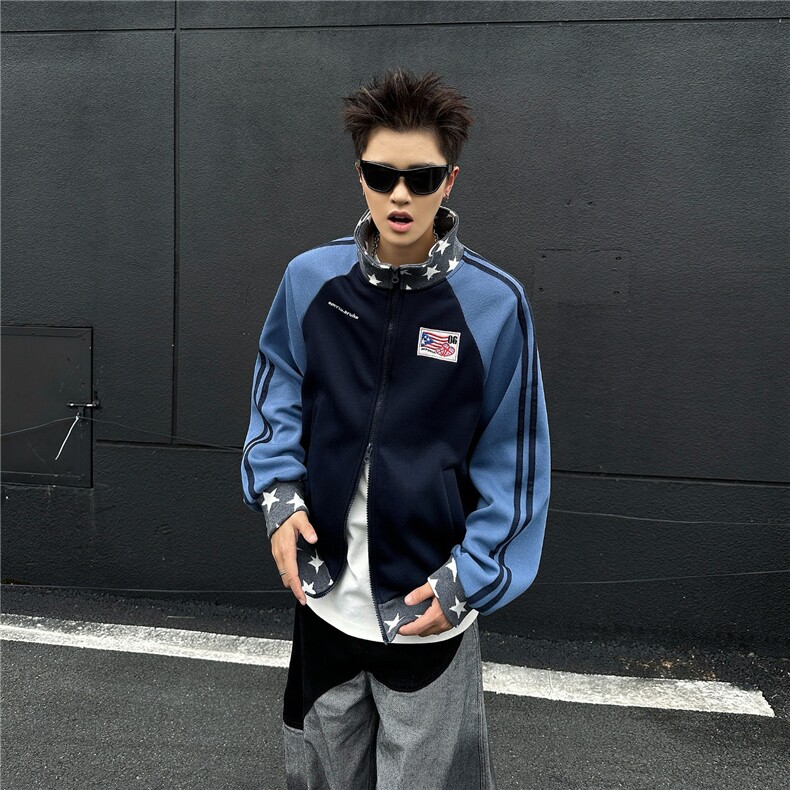 美式高街开衫长袖卫衣男女春秋撞色拼接宽松休闲外套潮WB562-P52,女装短外套,星座412-3