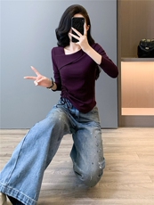 慵懒风时尚休闲运动套装女春新款斜肩领口长袖上衣牛仔长裤两件套，女装套装/套裙，江南