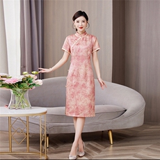 2025年夏季新品时尚气质金丝提花香云纱品质真丝喜庆中长款旗袍裙，女装汉服/婚纱/旗袍/礼服，媚琳依坊