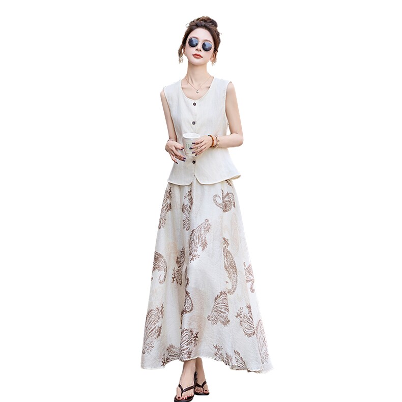 时尚轻熟风套装裙女2025夏新款气质显瘦无袖马甲印花半身裙两件套,女装套装/套裙,维一诺（1D095）