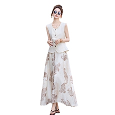 时尚轻熟风套装裙女2025夏新款气质显瘦无袖马甲印花半身裙两件套，女装套装/套裙，维一诺（1D095）