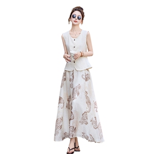 时尚轻熟风套装裙女2025夏新款气质显瘦无袖马甲印花半身裙两件套图片