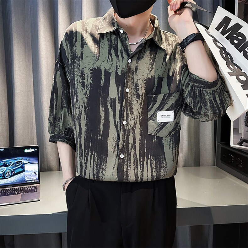 社会小伙2025春季新品衬衫男士七分袖水墨扎染衬衫潮901-C20P58,男装衬衫,星座901
