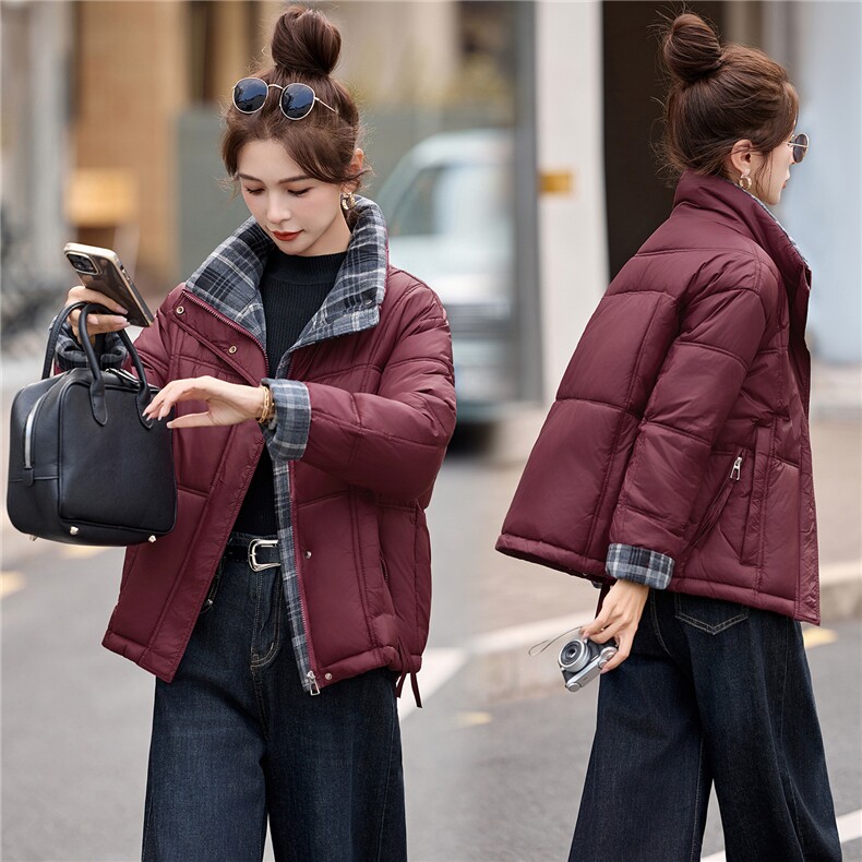 时尚衣领袖口格子撞色新款棉袄2656P155,女装棉衣/棉服,乐衣轩