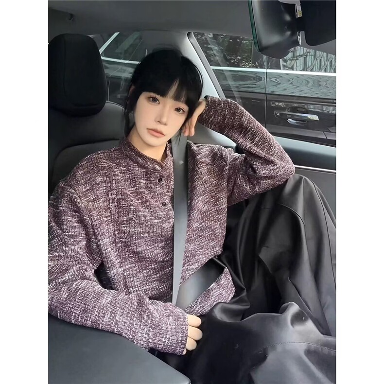 QC3338-P42 复古针织棉线宽松圆领套头毛衣女2025秋季简约长袖图片