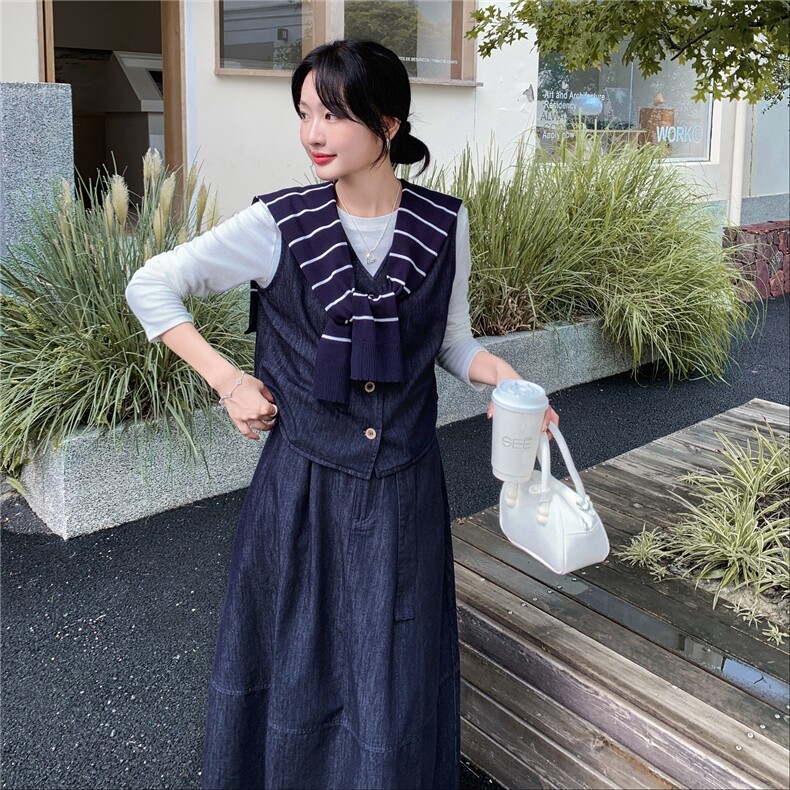韩系chic一整套牛仔穿搭女2025秋新款小个子披肩马甲半身裙两件套,女装套装/套裙,2C057