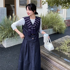 韩系chic一整套牛仔穿搭女2025秋新款小个子披肩马甲半身裙两件套，女装套装/套裙，2C057