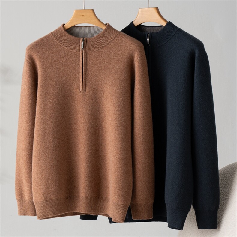 秋冬季新款舒适时尚百搭男士半高拉链领羊绒套头衫男装，男装羊绒套衫，江帆羊绒