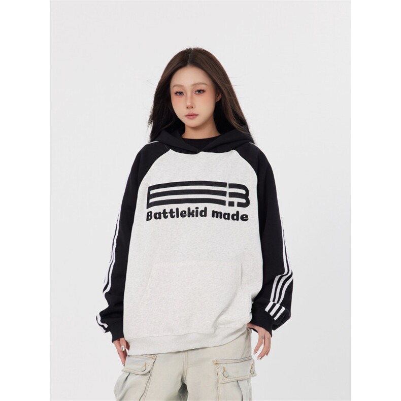 1506/QY2560/P34美式潮条纹织带连帽卫衣宽松休闲运动帽衫外套图片