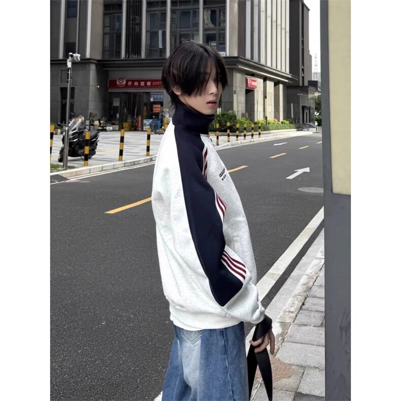 插肩袖条纹开衫卫衣夹克男女款秋季美式运动宽松休闲撞色立领外套,男装夹克,星座506A