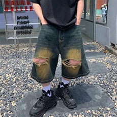 破洞牛仔裤男款潮牌ins宽松七分阔腿裤夏季美式KA004-P40，男装牛仔裤，星座1109-3