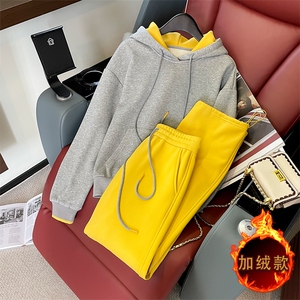 女秋冬加绒新款时尚休闲运动两件套舒适保暖显瘦卫衣套装,男士运动服套装的搭配什么鞋子图片
