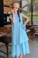 蓝色无袖假两件连衣裙女2025夏季新款韩系宽松休闲显瘦减龄背心裙，女装连衣裙，浙宝305