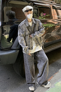 秋季新款港风美式高街拼接款牛仔外套+牛仔裤两件套男 TZ121-P130图片