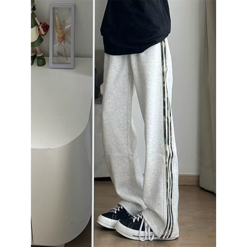 J11-P36白灰色条纹三条杆运动裤女2025春季新款高腰垂感直筒裤，女装休闲裤，电商B323A