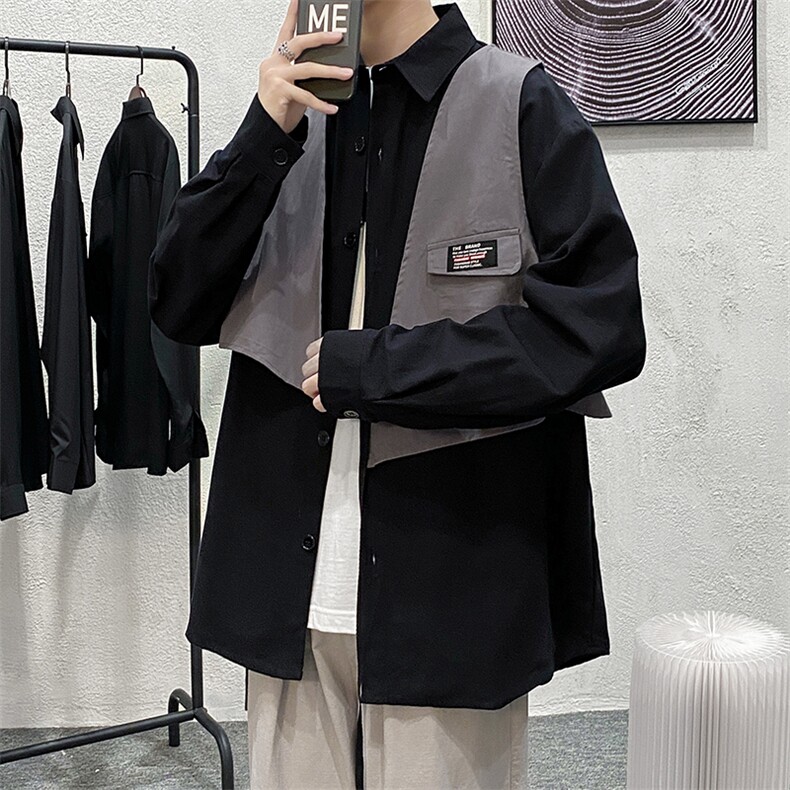 703-C278-P55秋季两件套休闲衬衫不对称小马甲,男装衬衫,星座703