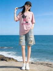 盐系穿搭休闲时尚套装女夏设计感圆领印花短袖破洞牛仔短裤两件套，女装套装/套裙，江南