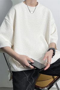 T8070/P30夏季开叉短袖透气T恤男纯色宽松半袖提花重磅上衣大码男图片