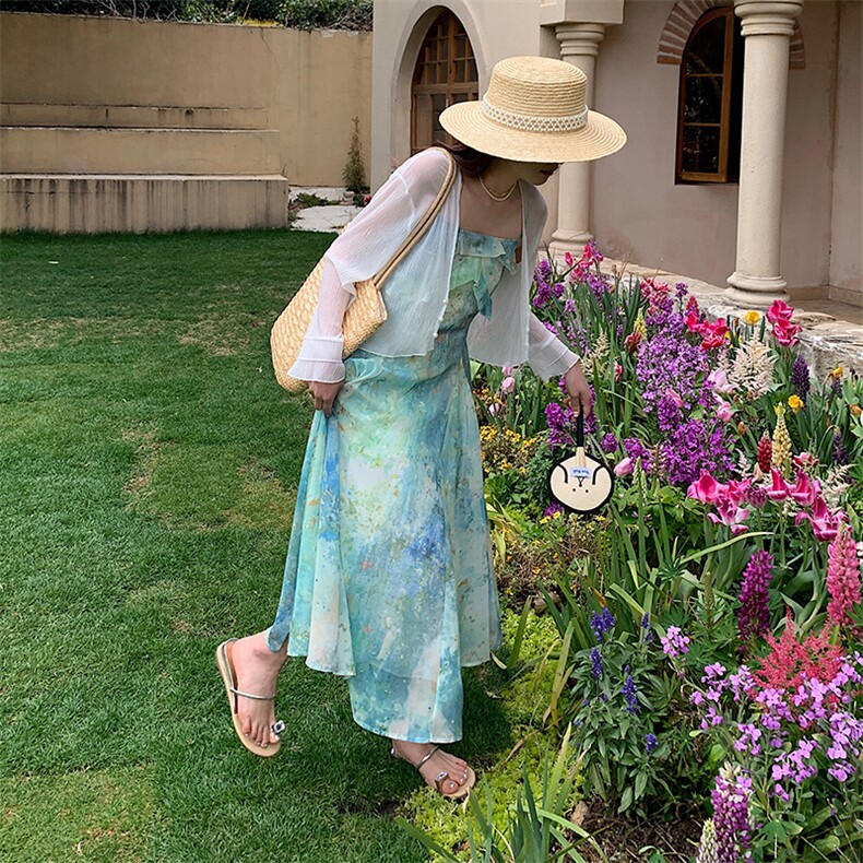 法式度假风印花吊带裙女夏季新款小清新显瘦防晒开衫,女装连衣裙,2C177