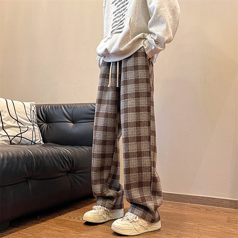 8XL-M特大码加厚毛呢料格子休闲裤宽松直筒长裤子男裤毛呢裤K946,男装休闲裤,电商D206-1