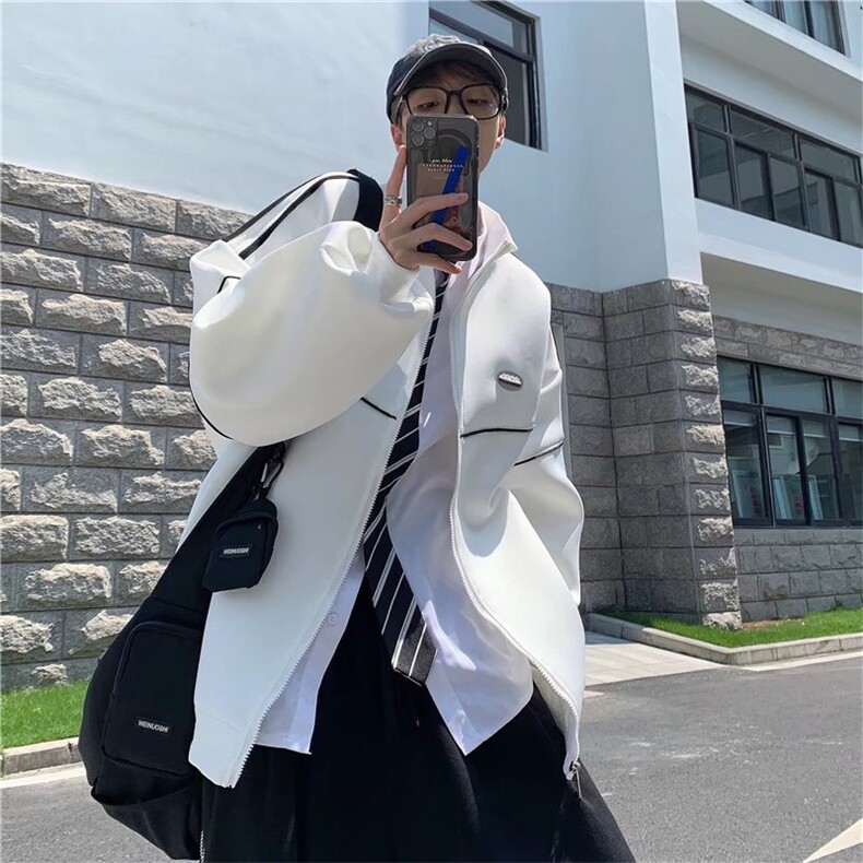 白色棒球服男ins秋季潮流宽松立领上衣港风潮牌百搭运动夹克外套,男装夹克,星座1210-1