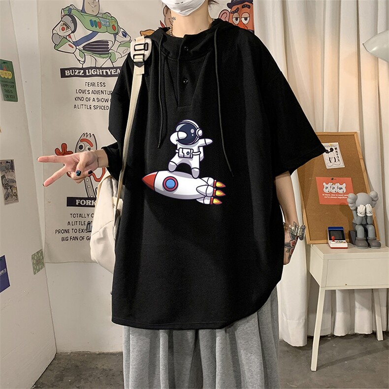 LD54158-P45NASA连帽短袖t恤男大码胖子带帽五分袖中袖,男装T恤,电商A040