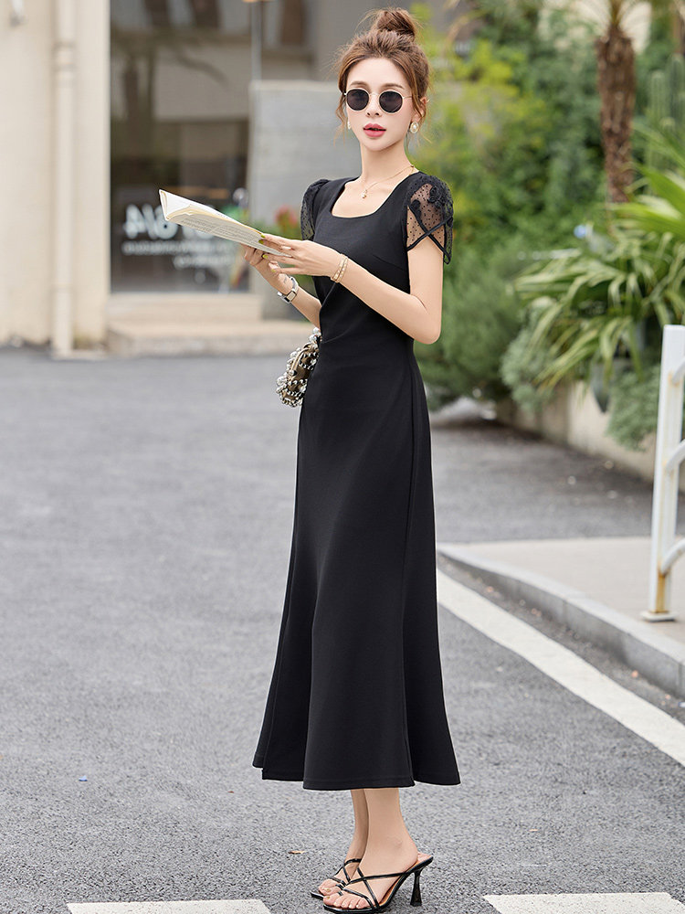 现货高级感夏季时尚蕾丝连衣裙气质显瘦简约大方减龄连衣裙女,女装连衣裙,然然