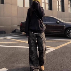 美式迷彩牛仔工装裤女夏季新款高腰宽松显瘦直筒休闲阔腿裤子，女装休闲裤，星座506A