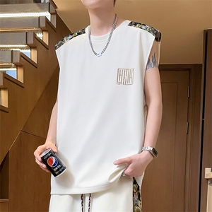 菠萝格刺绣背心男夏季无袖T恤上衣潮男士体恤拼接A266-BX022-P18图片