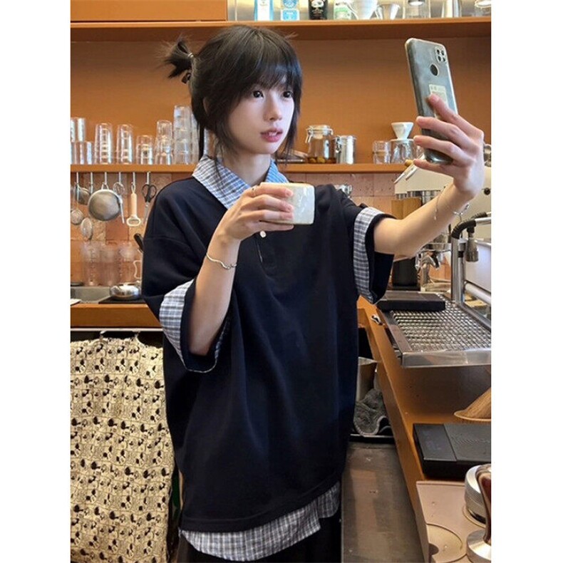 藏青色短袖T恤男款夏季青少年美式假两件宽松半袖休闲POLO领上衣,男装Polo衫,星座1116A（原606A-3）