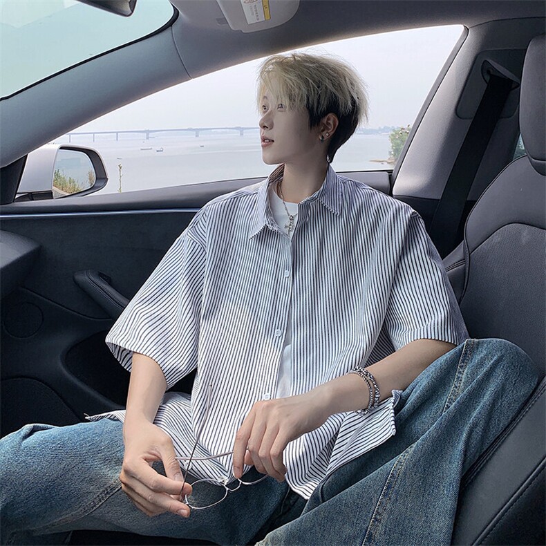 B221美式ins高街宽松薄款条纹短袖衬衫SY2552-特P28控49,男装衬衫,电商B221