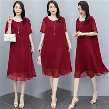 （现货）时尚显瘦大码女装夏季新款圆领宽松纯色短袖中长款连衣裙，女装大码女装，深妍伊美