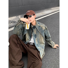 复古水洗黄泥染蓝色立领牛仔夹克男痞帅宽松外套上衣潮JK1085-P85，男装夹克，星座1103-3