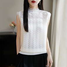蕾丝性感吊带背心女2025夏季花边领无袖西装内搭针织衫钩花打底衫，女装T恤，暖烁羊绒