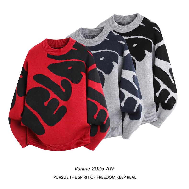 M8252-特P50红色毛衣圆领毛衣男冬季本命年提花针织衫潮打底衫，男装T恤，电商D310B