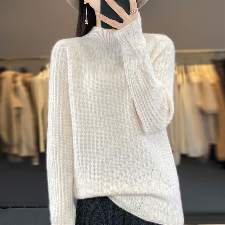 23新款秋冬100%羊绒衫女高领坑条宽松百搭套头毛衣羊毛针织打底衫,女装羊毛衫,昭美羊绒