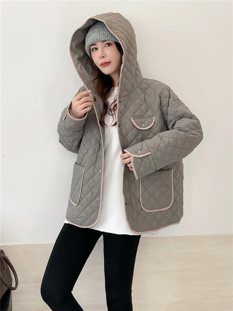2025冬装新款修身保暖时尚菱形格个性拼接女士棉服外套,女装棉衣/棉服,江忆布依