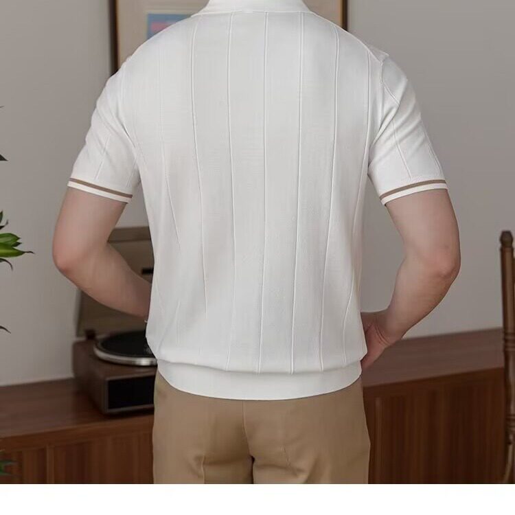 半拉链男士薄款条纹针织短袖夏季青年翻领T恤韩版潮流Polo衫,男装衬衫,星座506A