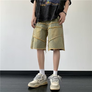 美式高街牛仔短裤男韩版潮流拼接个性2023夏季ins五分裤RK736-P43图片