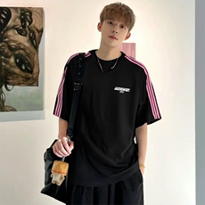 抖音得物品质二开240克宽松纯棉美式潮牌印花三条杠中性风短袖T恤，男装T恤，电商A486